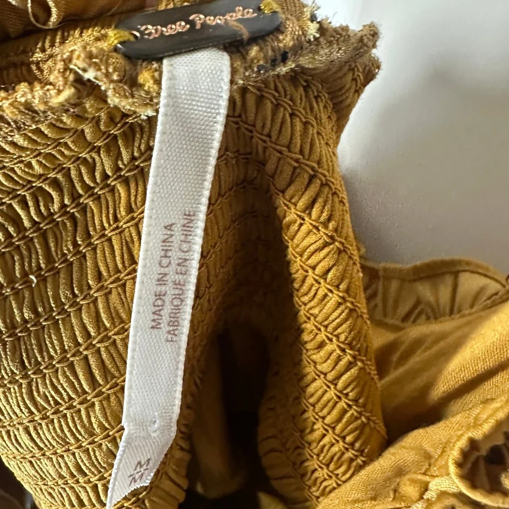 Free People Ruffle Cami Top Womens Medium Mustard Yellow Smocked‎ Cropped Satin